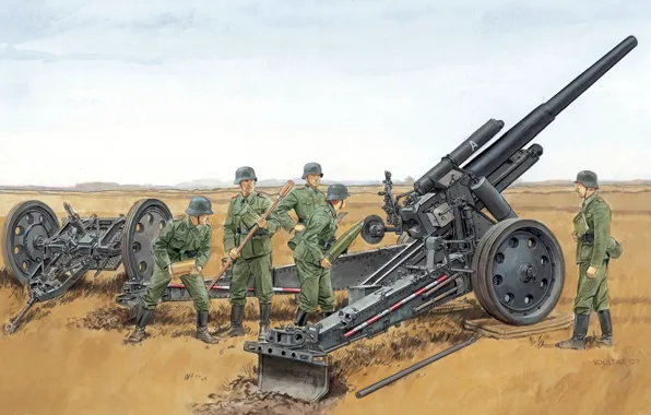 Картинка война, рисунок, арт, позиция, снаряжение, WW2, гаубица, немецкая