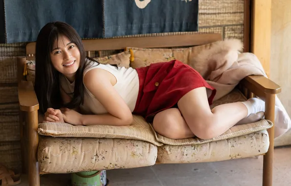 Beautiful, Asian, Model, Smile, Woman, Sofa, Cute, Lying Down
