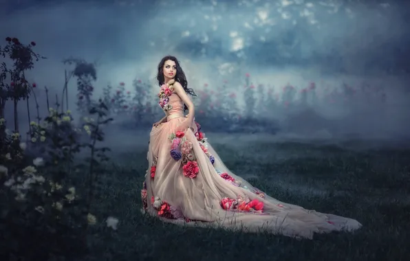 Девушка, цветы, туман, платье, by Татьяна Невмержицкая, Полина Кнорр
