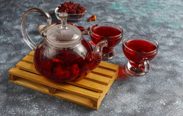 Красный, чай, чайник, чашки