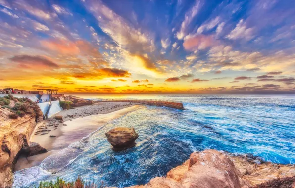 Картинка пляж, закат, океан, скалы, побережье, Калифорния, Pacific Ocean, California