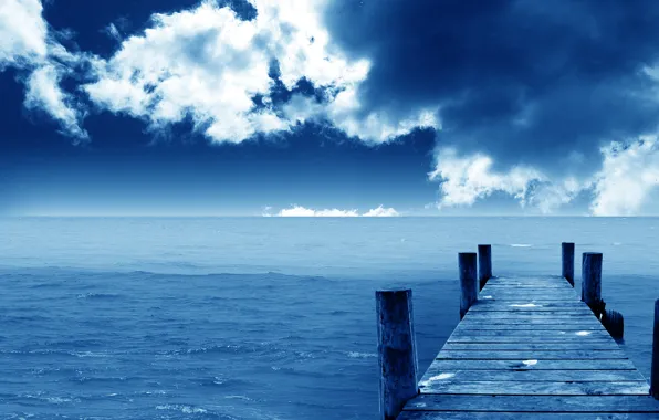 Картинка море, облака, синий, причал, Горизонт
