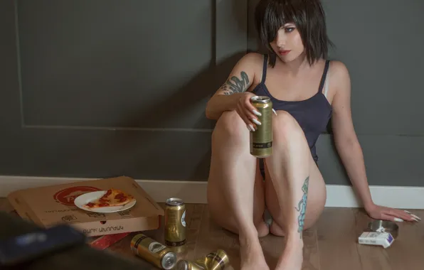 Ass, panties, model, pizza, tattoo, women, cosplay, brunette