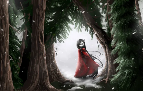 Картинка холод, лес, снег, одиночество, страх, малышка, мрачный, красный плащ