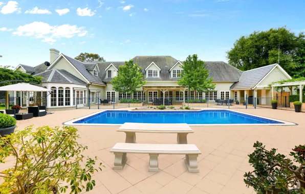 House, pool, bench