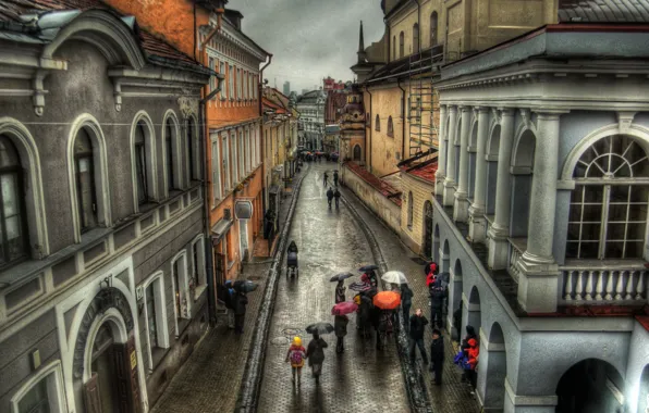 Картинка осень, город, люди, дождь, улица, здания, дома, Австрия