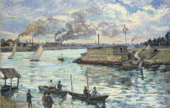Картинка пейзаж, трубы, лодка, дым, картина, парус, Арман Гийомен, Река Сена