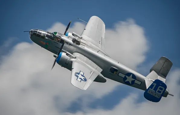 Полет, бомбардировщик, американский, North American, двухмоторный, средний, Mitchell, B-25