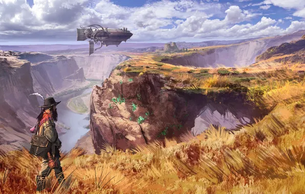 Картинка grass, fantasy, airship, river, sky, field, clouds, man