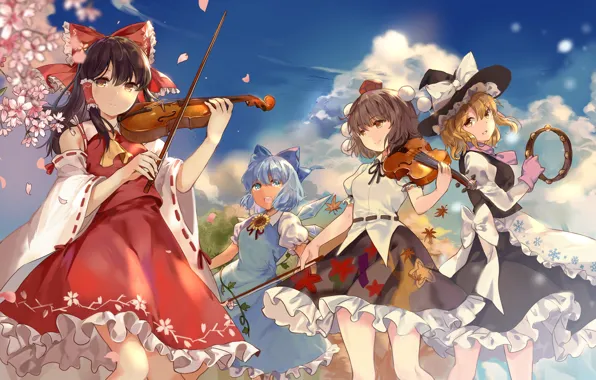 Музыка, скрипка, девочки, touhou