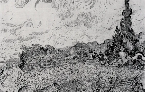 Vincent van Gogh, чёрно - белое, Wheat Field with Cypresses