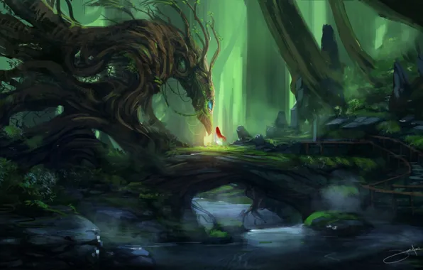 Картинка лес, девушка, деревья, ручей, камни, дракон, арт, рыжая