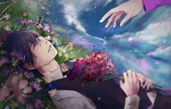 Картинка небо, облака, цветы, улыбка, дождь, рука, аниме, арт