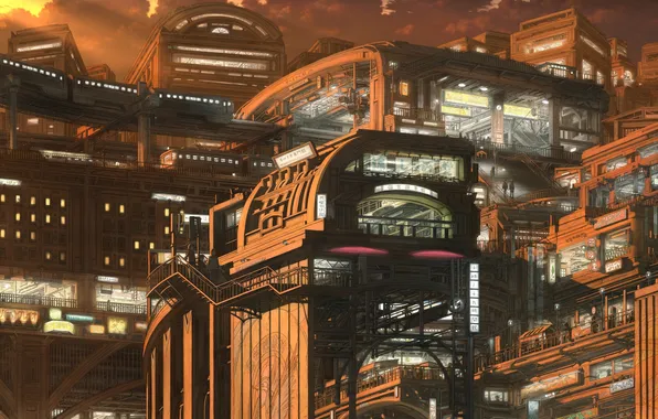 Город, будущее, люди, метро, япония, вокзал, строения, Techno city