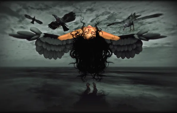 Картинка девушка, крылья, вороны