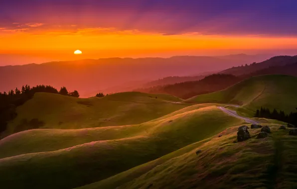 Закат, холмы, Калифорния, California, Bay Area