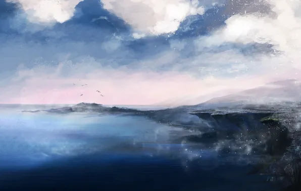 Море, Рисунок, Берег, Земля, Fantasy, Пейзаж, Art, landscape