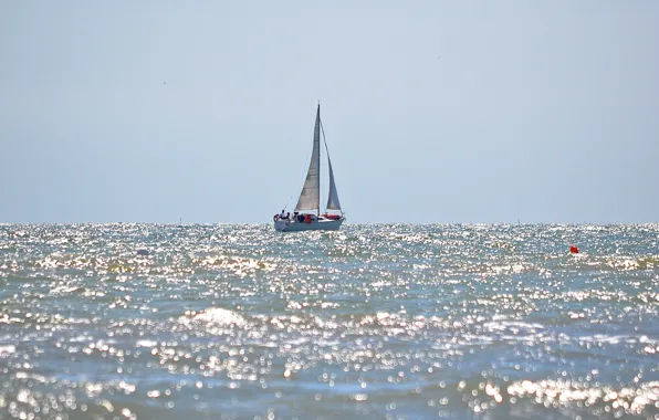 Море, волны, отражение, лодка, яхта, паруса