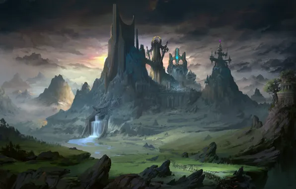 Картинка горы, водопад, долина, The Castle Above the Water