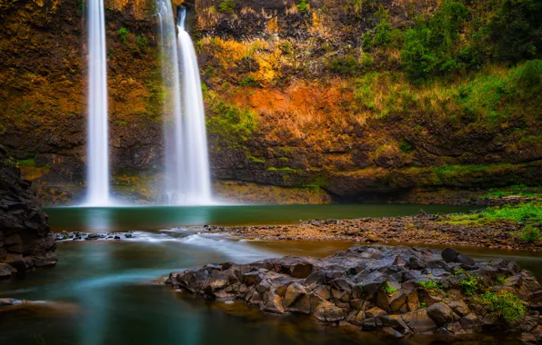Картинка скала, река, водопад, Водопад, Гавайи, Hawaii, Остров Кауаи, Wailua River