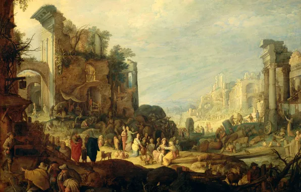 Картинка масло, картина, миф, Willem van Nieulandt II, Пейзаж с Руинами и Встречей Ребекки и Элизера