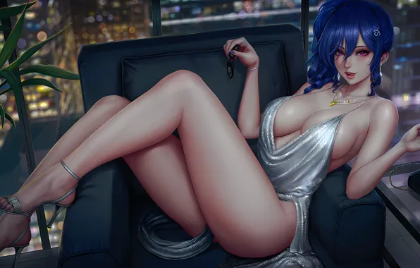 Girl, sexy, cleavage, long hair, dress, legs, boobs, anime