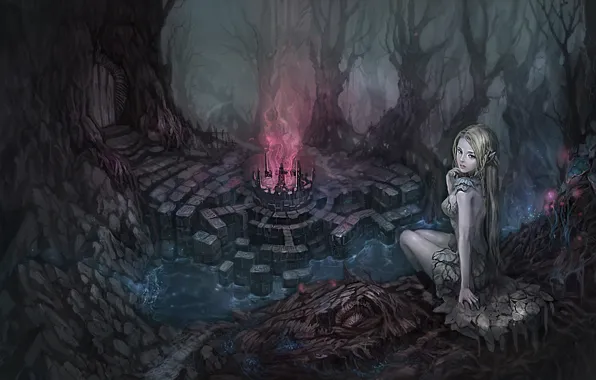 Картинка девушка, деревья, камни, магия, свечение, чаша, чаща, дверь