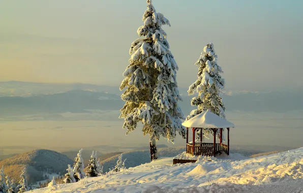 Картинка зима, небо, снег, горы, беседка, BelleVue