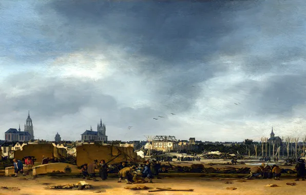 Картинка небо, город, дома, картина, развалины, Нидерланды, Делф, Egbert van der Poel