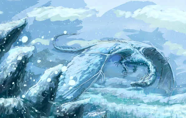 Картинка холод, зима, снег, фантастика, дракон, крылья, арт, ледяной дракон