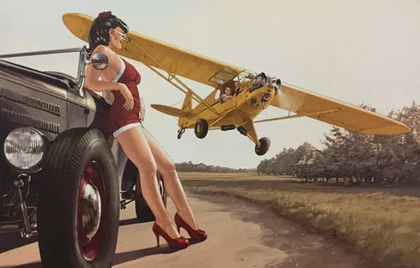 Картинка дорога, девушка, рисунок, hot rod, pin-up, бреющий полет, Piper Cub