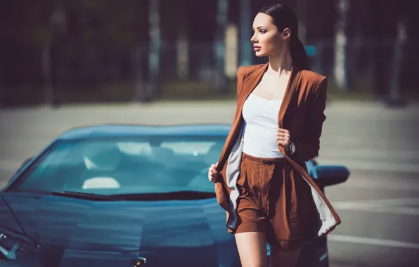 Картинка Lamborghini, Girl, Legs, Model, LP700-4, Aventador, View, Supercar