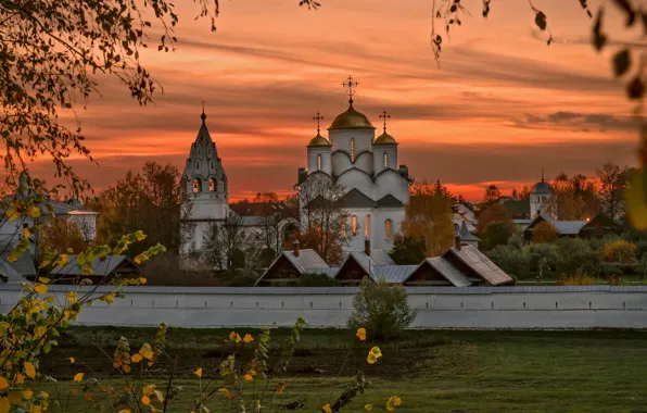 Поле, осень, небо, облака, закат, ветки, город, церковь