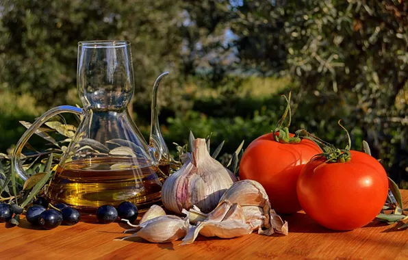 Масло, кухня, натюрморт, овощи, помидоры, чеснок, здоровый, ингредиенты