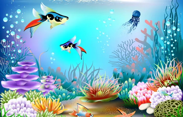 Рыбы, пузырьки, вектор, кораллы, подводный мир