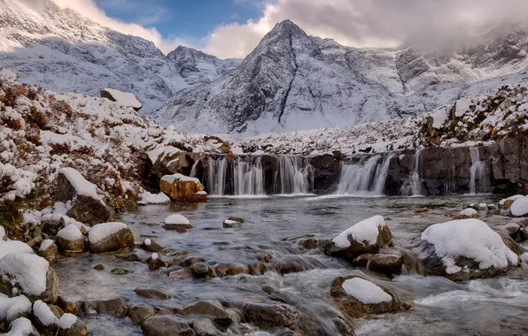 Снег, пейзаж, горы, камни, водопад, Шотландия, Scotland
