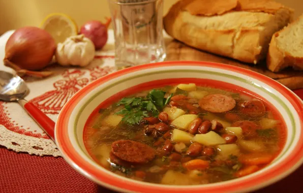 Тарелка, аппетитная, фасоль, супа, суп харчо