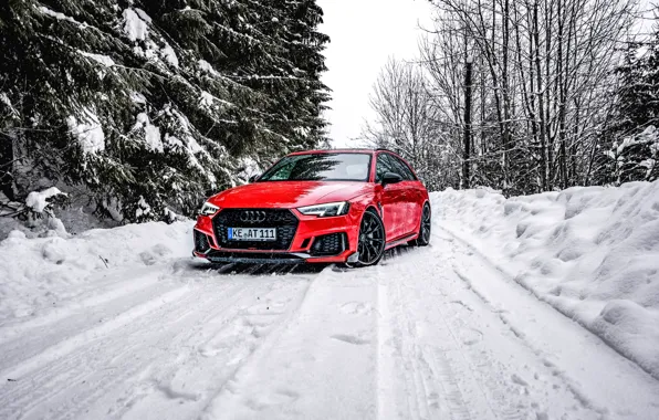 Audi, Красный, Дорога, Ауди, Снег, Лес, Red, Мощь