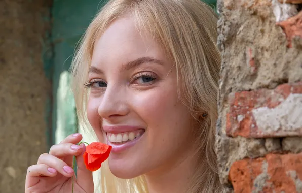 Model, gorgeous, posing, closeup, red flower, beautiful face, outdoors, blonde beauty