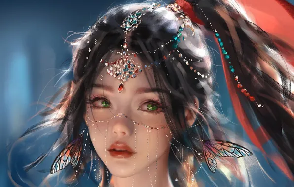 Принцесса, зеленые глаза, красная лента, украшения для волос, Ghost Blade, Призрачный Клинок, лицо девушки, by …