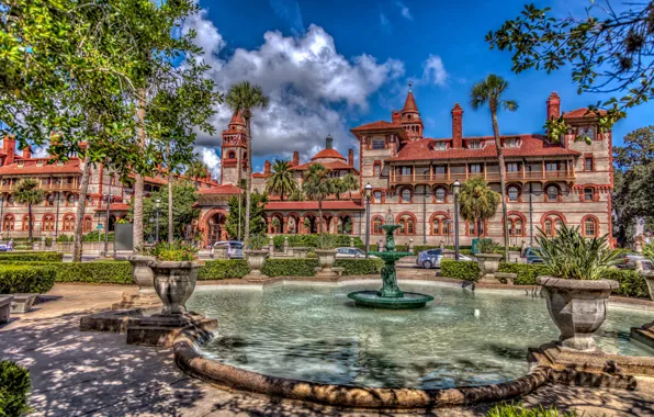 Здание, Флорида, фонтан, архитектура, Florida, St Augustine, Сент-Огастин, Flagler College