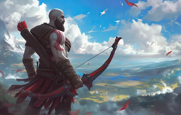 City, sky, god of war, weapon, kratos, sony, bird, cloud