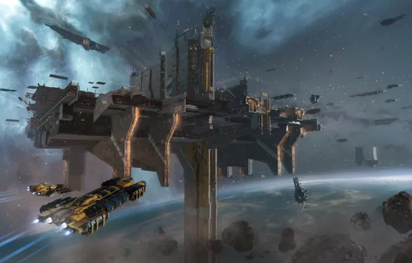 Туманность, планета, станция, астероиды, Космос, space, космический корабль, eve online