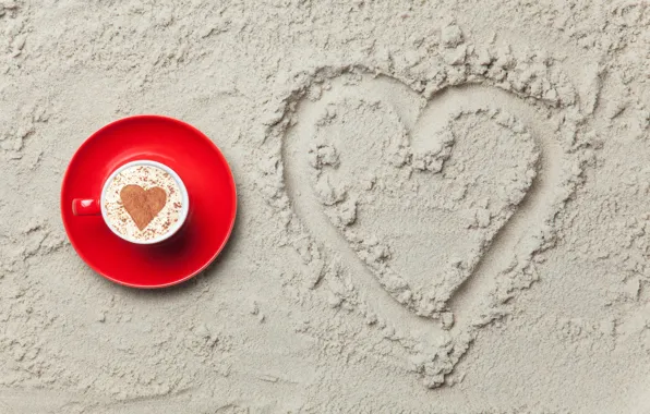 Картинка песок, любовь, сердце, love, heart, romantic, sand, coffee cup