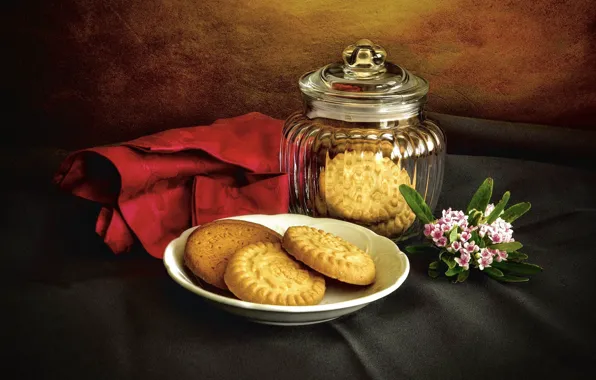 Стекло, цветы, стол, фон, полотенце, печенье, тарелка, банка