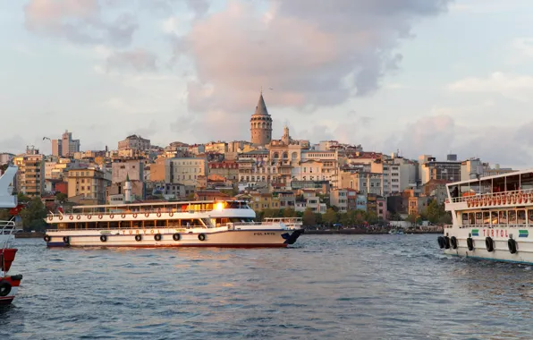 Море, дома, корабли, Стамбул, Турция, Галатская башня, The Galata Tower