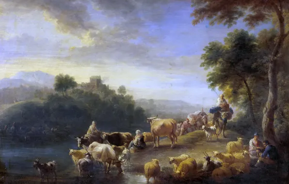 Животные, деревья, река, картина, Адриан Франс Будевинс, Пейзаж с Коровами
