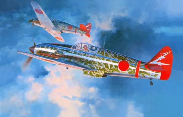Картинка небо, облака, рисунок, арт, истребители, Kawasaki, японские, WW2