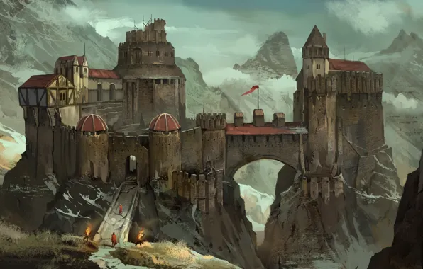 Картинка горы, люди, замок, огонь, арт, форт