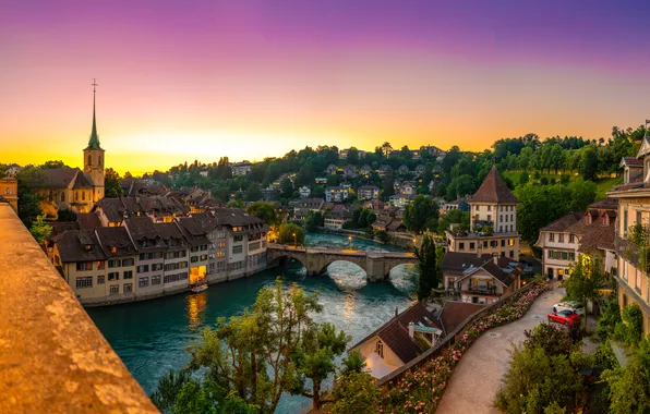 Закат, мост, река, здания, дома, Швейцария, Switzerland, Берн